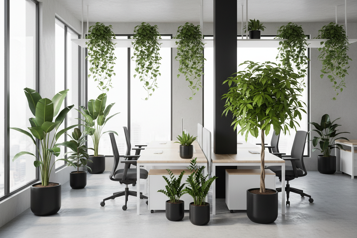 Bureau en open space avec 10 plantes dans des pots noirs dont 4 plantes retombantes pothos, 2 Oiseaux de paradis 120cm , 2 Ficus elastica 70cm , 1 Zamioculcas zamiifolia 40cm et 1 Schefflera arboricola 'Melanie' 150cm